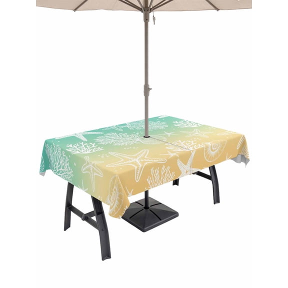 Outdoor Tablecloths with Umbrella Hole & Zipper, Teal Yellow Ombre Coastal Rectangle Tablecloth 52x70 Inch, Sea Nautical Summer Beach Starfish Coral Waterproof Table Cloth, Patio/Pool Table Covers