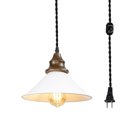 KAYYELAMP 15ft Dimmable Cord Plug-in Pendant E26 Walnut Base Dia 10.2" White Metal Shade Hanging Light Vintage Decor for Kitchen Farmhouse(No Bulb)