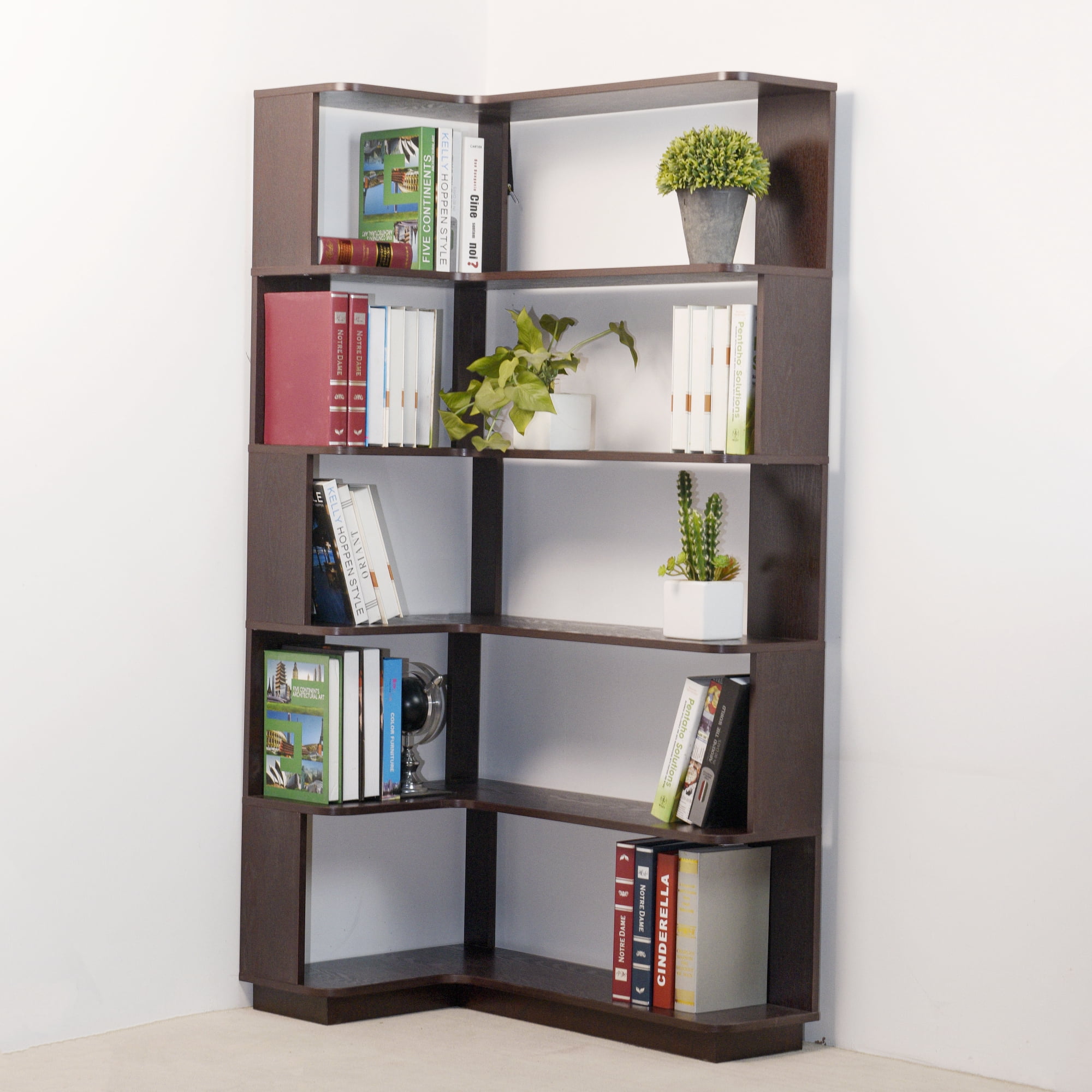 Leumius 5 Tier Freestanding L-Shaped Corner Bookshelf,Wooden Bookcase with Anti-drop Panel and Anti Tipping Device, Display shelf Open Storage,Ox Blood Red