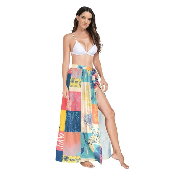 Women's Beach Swimsuit Cover Ups Bathing Suit Coverups Bikini Wrap Dress for Swimwear Colorful Block Doodle M