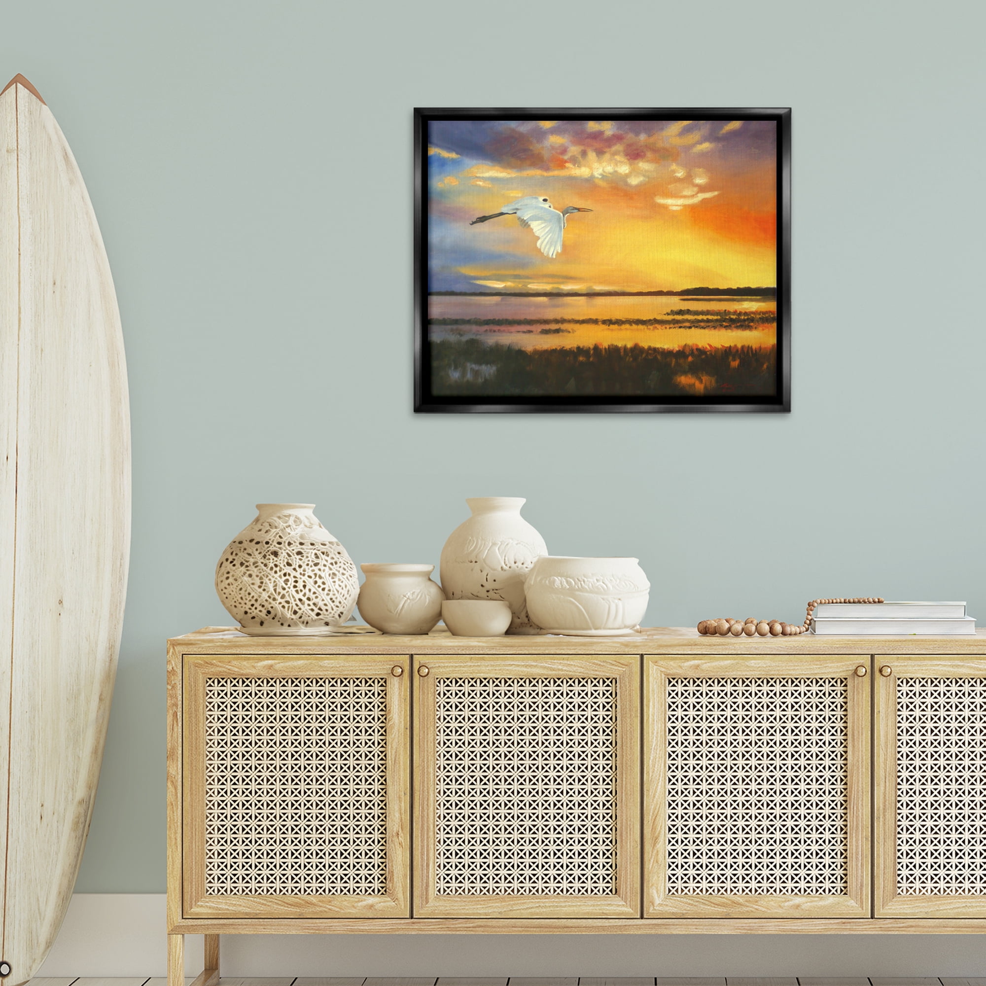 Stupell Industries Bird over Sunlit Pond Landscape Painting Black Floater Framed Canvas Art Print Wall Art, 31 x 25