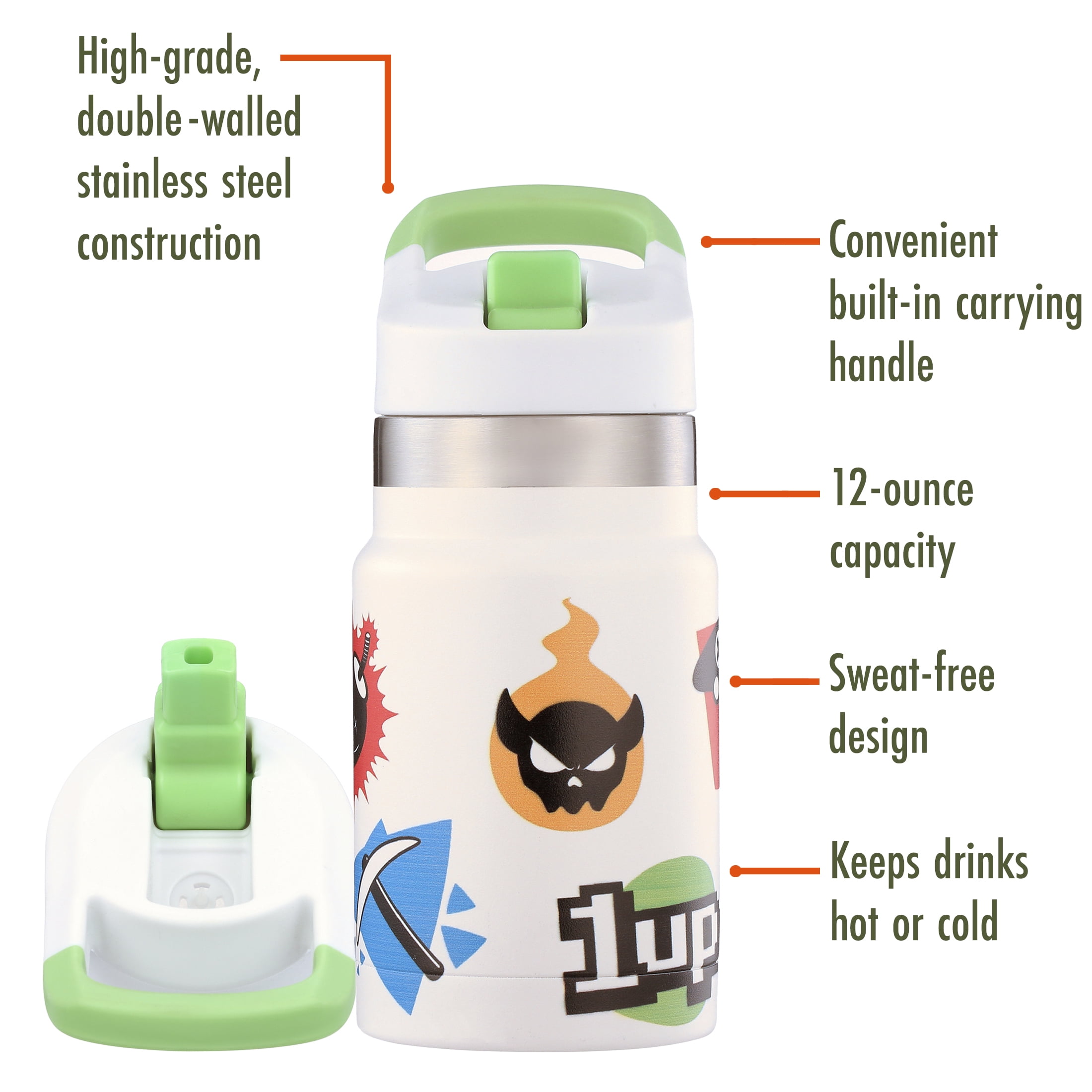 Ozark Trail 12 oz Double-Wall Stainless-Steel Flip-Top Kid's Water Bottle, Digital Gamer