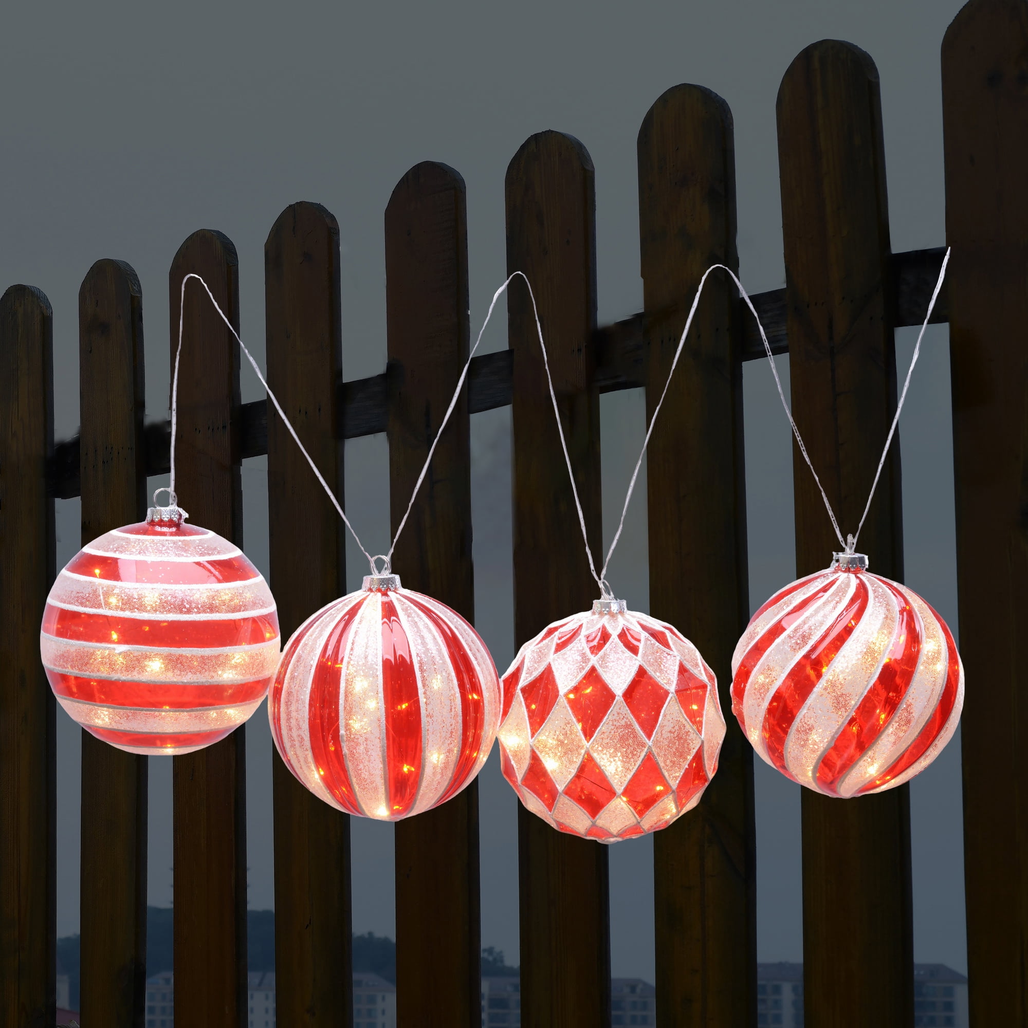 Indoor/Outdoor Red and White Battery-Operated LED Shatterproof Ball Christmas Ornaments, 4 Count, by Holiday Time