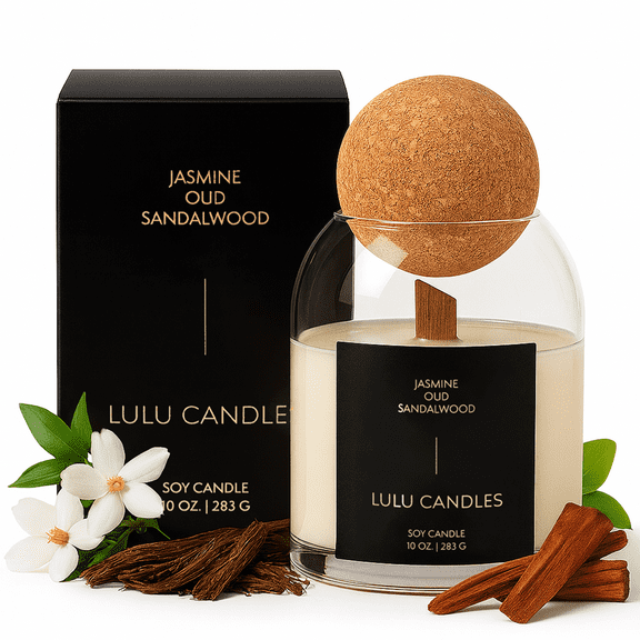 Lulu Candles | Jasmine, Oud & Sandalwood| Luxury Scented Soy Jar Candle | Hand Poured in The USA | Highly Scented Long Lasting | Wood Wick (10 Oz. Cork)