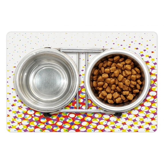 Abstract Pet Mat for Food and Water, Colorful Halftone Effect with Geometric Abstract Shapes Dots Pattern Print, Non-Slip Rubber Mat for Dogs and Cats, 18" X 12", by Ambesonne