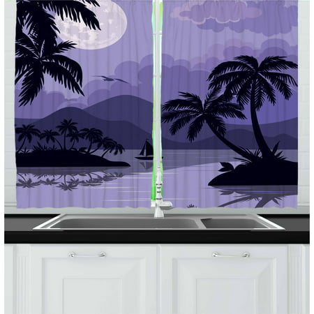 Tropical Curtains 2 Panels Set, Caribbean Island Landscape at Night Full Moon Sailboat and Palm Trees, Window Drapes for Living Room Bedroom, 55W X 39L Inches, Black Lavender White, by