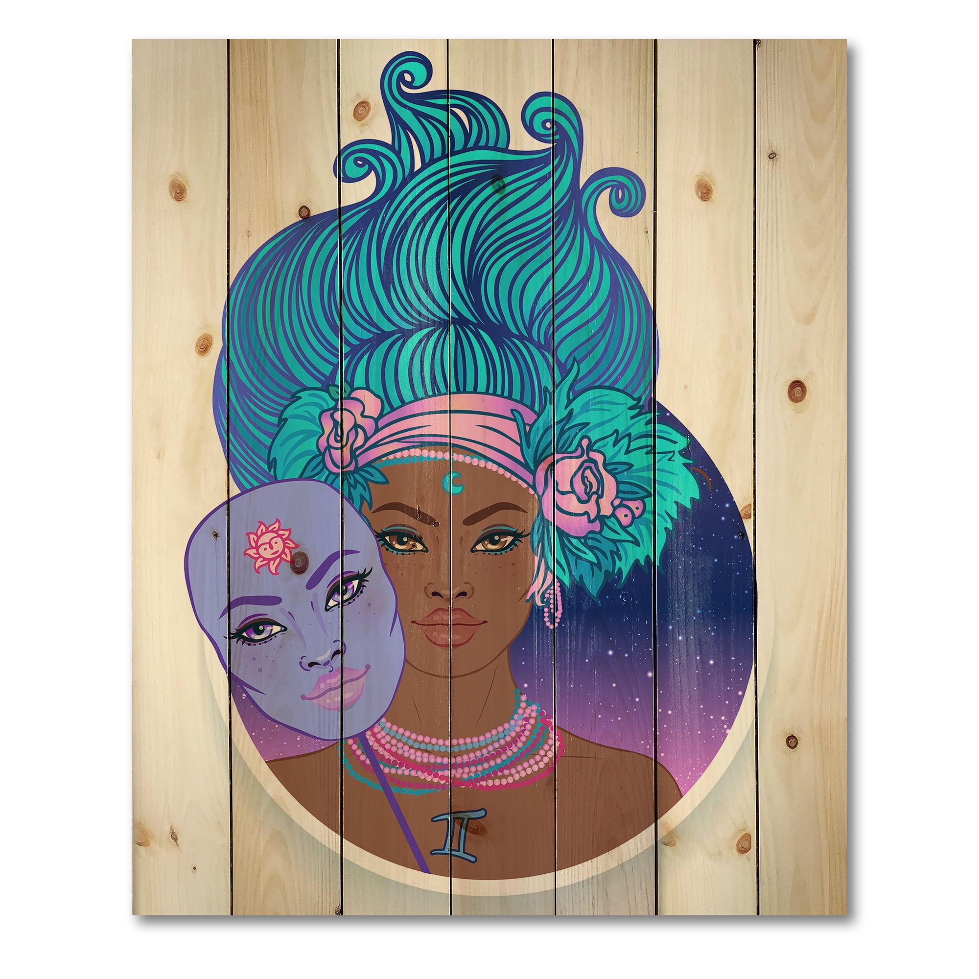 Designart 'Portrait of Afro American Girl With Blue Hair II' Modern Print on Natural Pine Wood