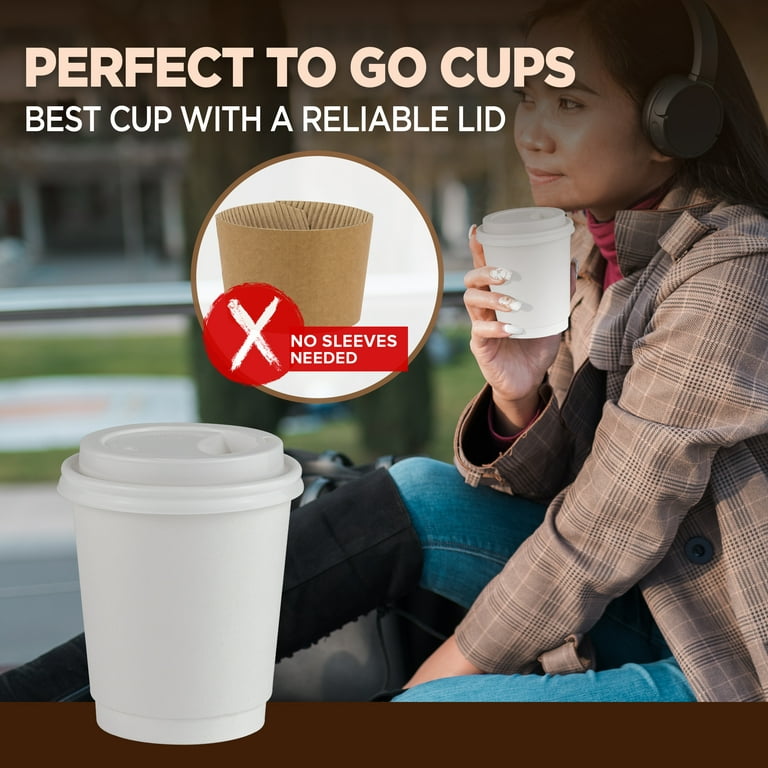 50 Pack] Disposable Hot Cups with Lids - 8 oz Brown Double Wall
