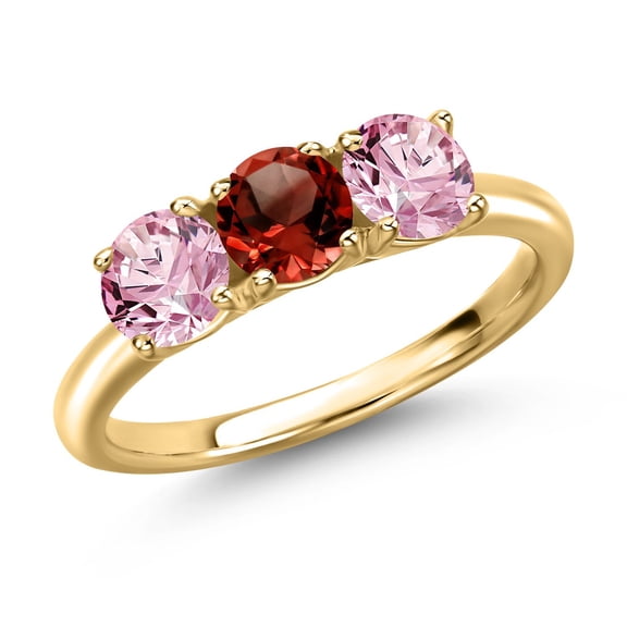 Gem Stone King 18K Yellow Gold Plated Silver Red Garnet and Pink Lab Grown Diamond Engagement Ring for Women | 1.55 Cttw | Round 5MM | Gemstone January Birthstone | Size 5