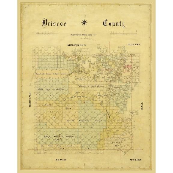 Historic County Map- Briscoe County Texas - General Land Office 1881 - Vintage Wall Art