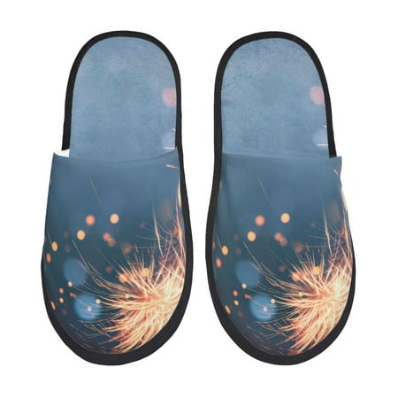 Balery Gold And Blue Fireworks Slient Indoor Furry Fleece Comfort House Shoes Soft Non-Slip Home Shoes Cotton slippers House Slippers-- Medium