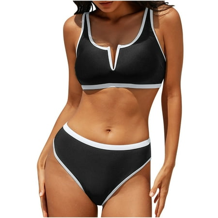 NXMZXB Two Piece Swimsuits for Women Cute Summer Color Block Print Sexy Notch V Neck Push Up Padded Bikini Sets High Waist Bathing Suit Swimwear(Black L)