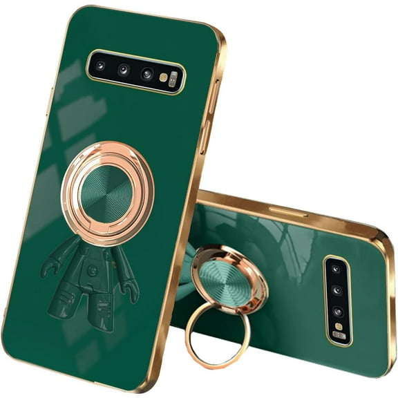 Compatible with Samsung S10 Plus Case Silicone TPU Shockproof Samsung Galaxy S10 Plus Phone Case Plating Astronaut Cute Pattern TPU Cases with Ring (Dark Green)