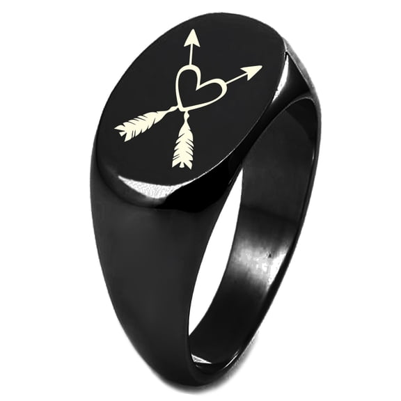 Sterling Silver Heart + Arrows Engraved Oval Flat Top Polished Ring