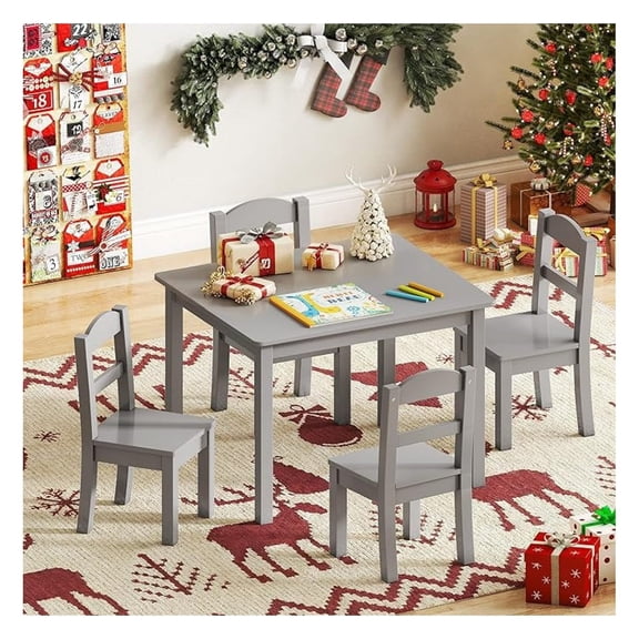 Wooden Kids Table and 4 Chairs, Multi-Activity Toddler Table and Chairs Set, Kids Table and Chairs Set for Arts, and Snack Time, Toddler Activity Table and Chairs for Age 3-8 (Gray)