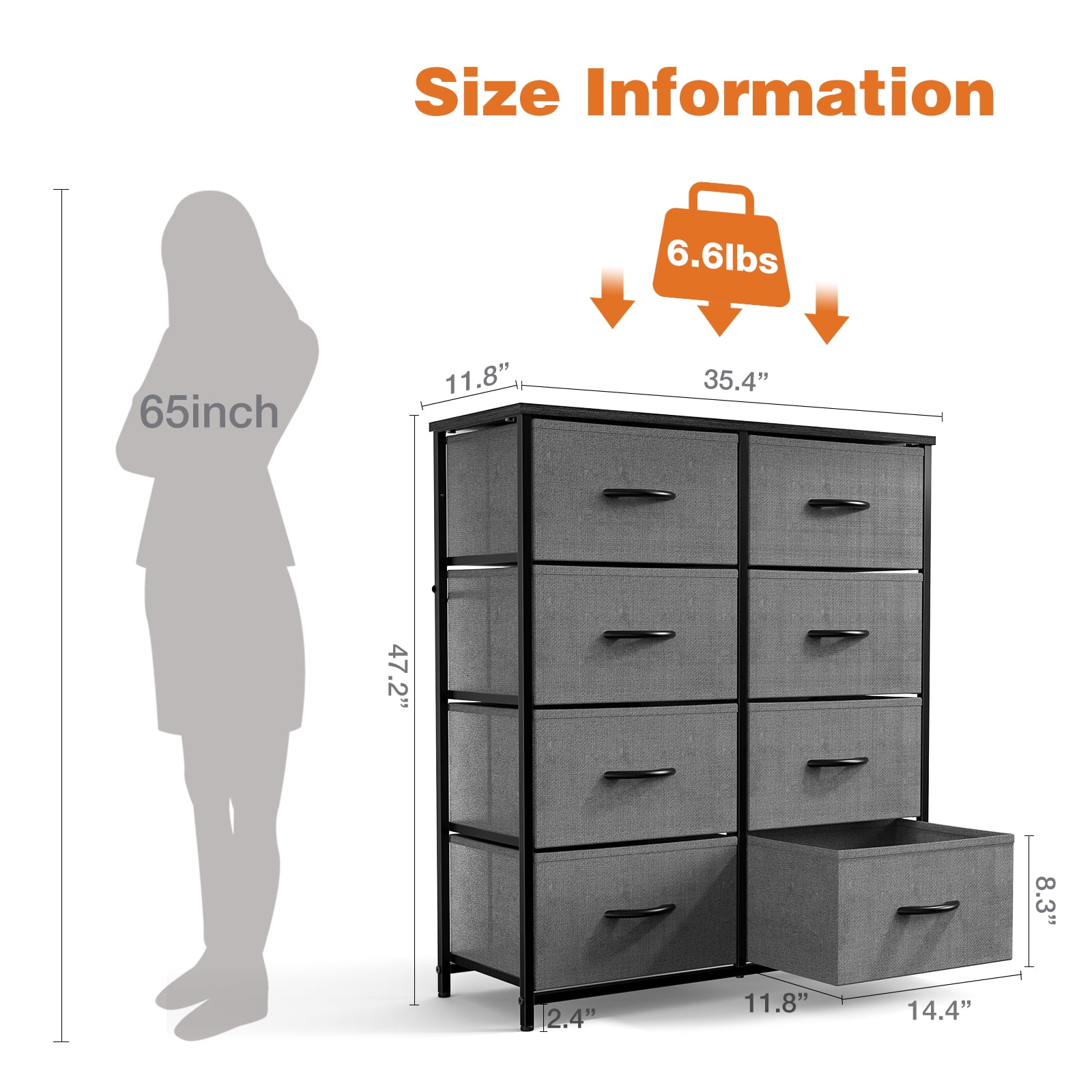 Aukfa 8 Drawer Dresser,Tall Fabric Dresser & Chest of Drawers for Bedroom,Metal Frame,Gray