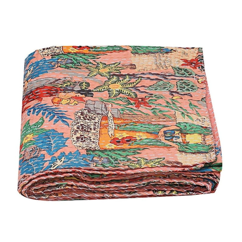 Exclusive Frida Khalo Kantha Quilts Bohemian Floral Printed Reversible Bedcover 
