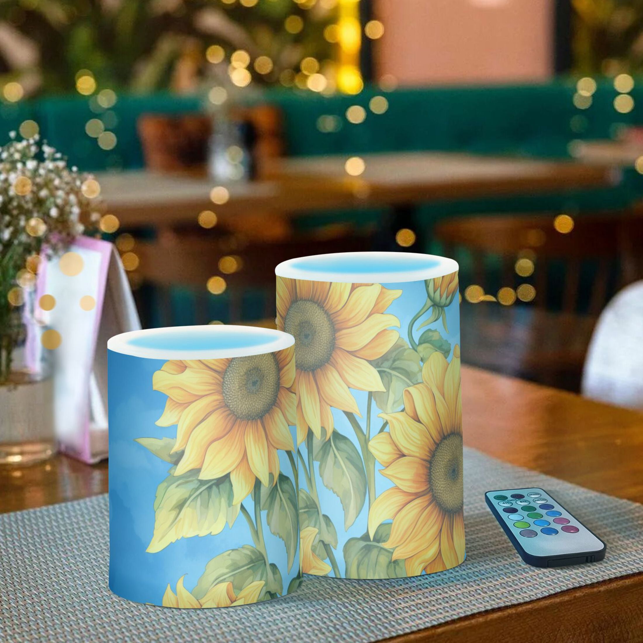Sunflowers Bouquet Flameless Candles with Remote Timer LED Battery Operated Flickering Candle Light for Festival Wedding Home Party