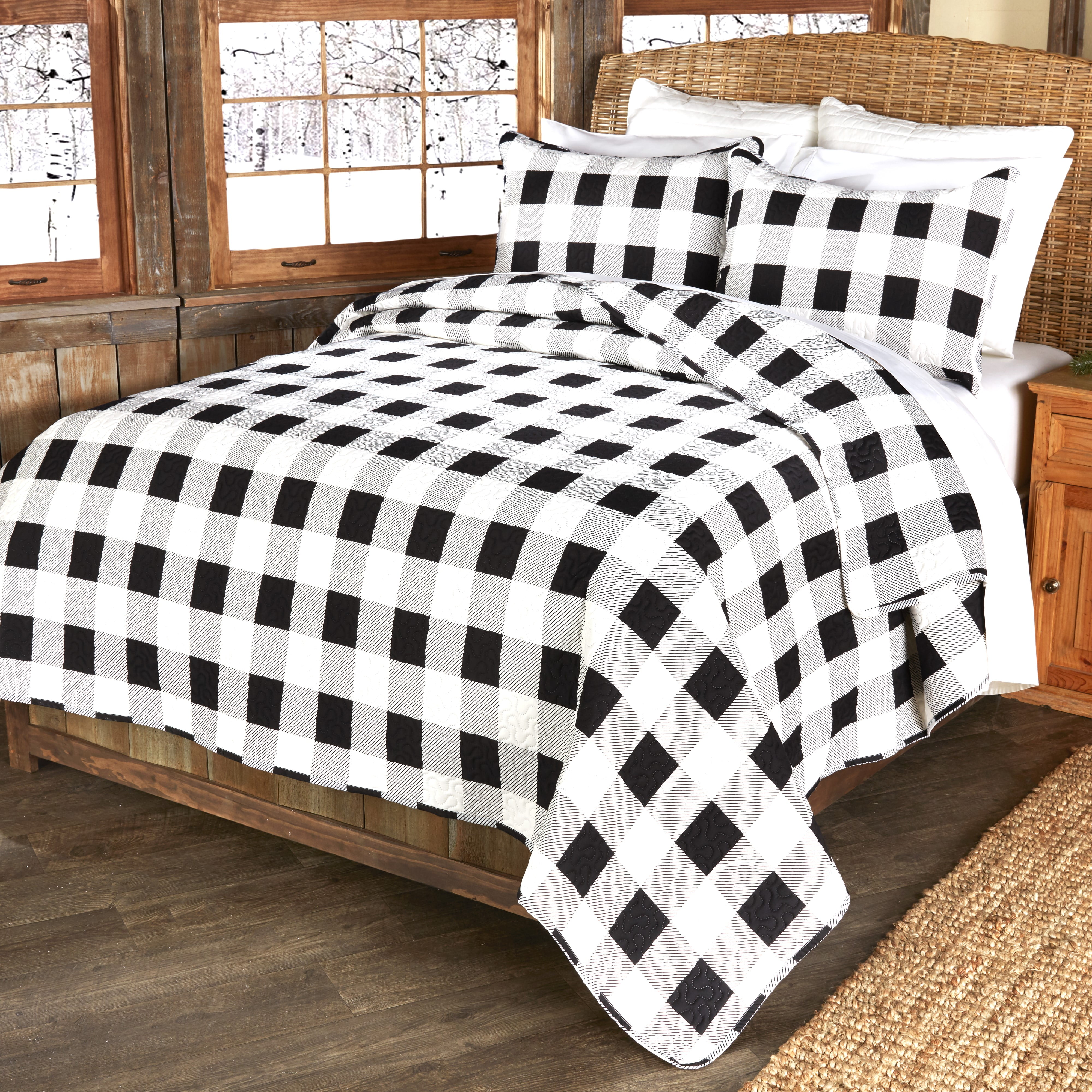 Check Pattern 3 Piece Quilted Bedspread Printed Patchwork Comforter Bed Throw with Pillowshams Check Denim Blue, Double