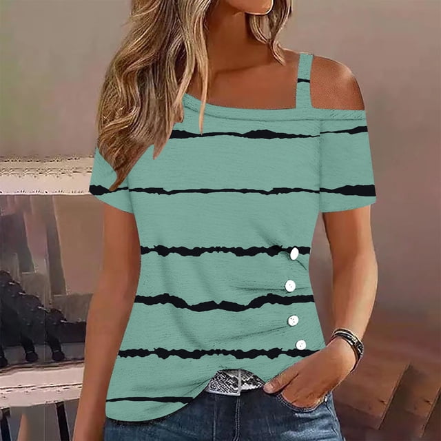Fiudx Ofertas Relámpago Blusa con Botones de Manga Corta Halter con Hombros Descubiertos y Estampado para Mujer