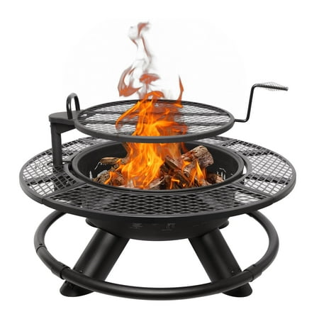 Bestier 47" Fire Pit for Outside Wood Burning, Extra Large BBQ Pit with Cooking Grill Grate, Patio Round Metal Fireplace for Camping, Backyard, Bonfire Picnic Party, Forest Style
