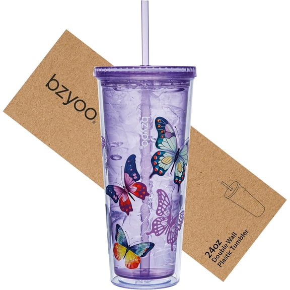 SIP 24oz (710ml) Double Wall Plastic Tumbler with Lid and Straw Cold Drink Travel Mug Reusable Party Cup Perfect for Ice Coffee, Tea Office Poolside Parties Gifts Color: Butterfly Purple