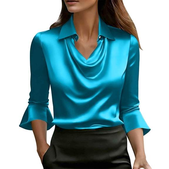 Kaemgyyd Women's Elegant Satin Blouse Draped 3/4 Bell Length Sleeve Tops Collared Cowl Neck Dressy Shirts Casual Fall Fashion Clothes