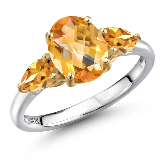Gem Stone King 925 Silver and 10K Yellow Gold Yellow Citrine Engagement Ring for Women | 2.31 Cttw | Oval Checkerboard 9X7MM | Gemstone November Birthstone | Size 9