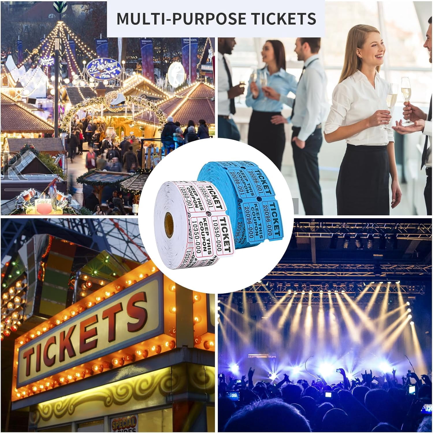 2000 Assorted Raffle Tickets Rolls with Consecutive Numbers 2 Rolls of 1000 Double Tickets-White,Blue