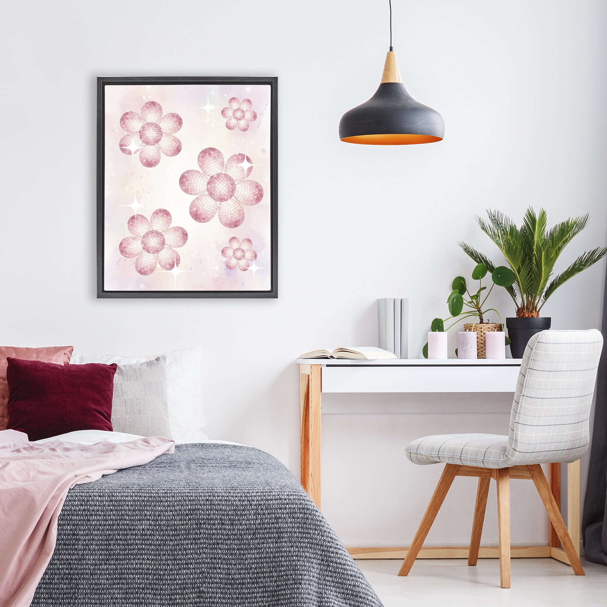 Stupell Industries Disco Ball Floral Patterns Black Framed Floater Canvas Wall Art, design by Lil' Rue