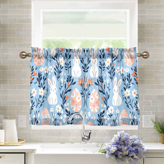 Yayeee Kitchen Curtains Tier Pair Light Filtering 27"x24" Rod Pocket Short Cafe Window Panel, Floral Easter Rabbits