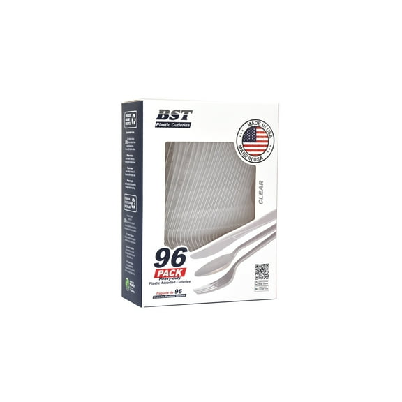 BST 96ct Pack Heavy Duty Plastic Assorted Cutlery - Clear Cutlery - MADE IN USA