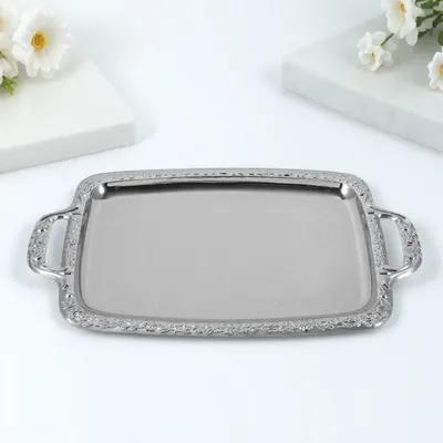 Topbathy Vintage Silver Serving Tray Large Platter Rectangular Metal Tableware for Kitchen 1Pc