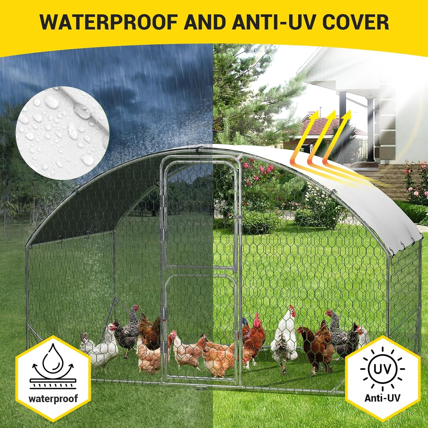 Large Metal Chicken Coop, Metal Chicken Run with Reinforced Triangle Support & Double Doors, Outdoor Walk-in Poultry Cage for Yard