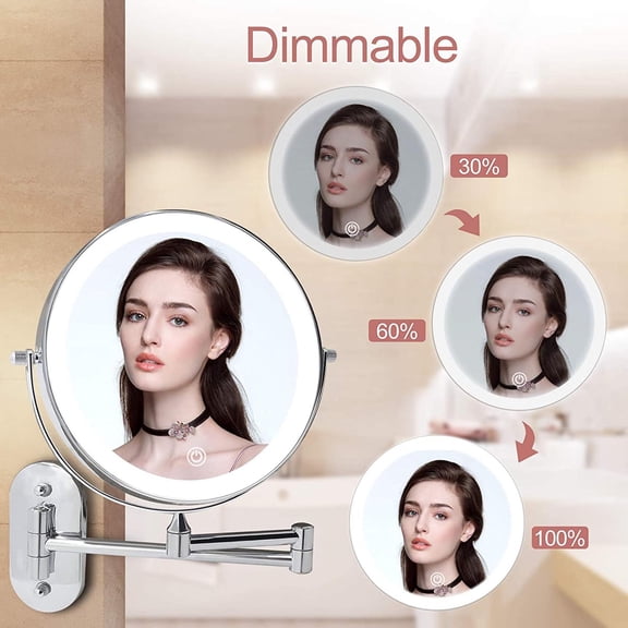 Wall Mounted Lighted Makeup Vanity Mirror 8 Inch Double Sided 2X 10X Magnifying Bathroom Mirror, 3 Color Lighting, Touch Screen Dimming, 360° Swivel Extending Arm Light up Mirror