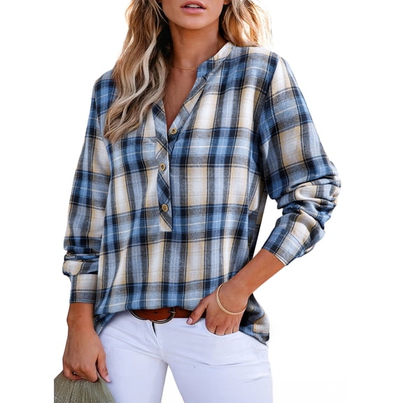 DOKOTOO Womens V Neck Plaid Blouses Casual Long Sleeve Button Down Gingham Trendy Tops Boho Checkered Shirts