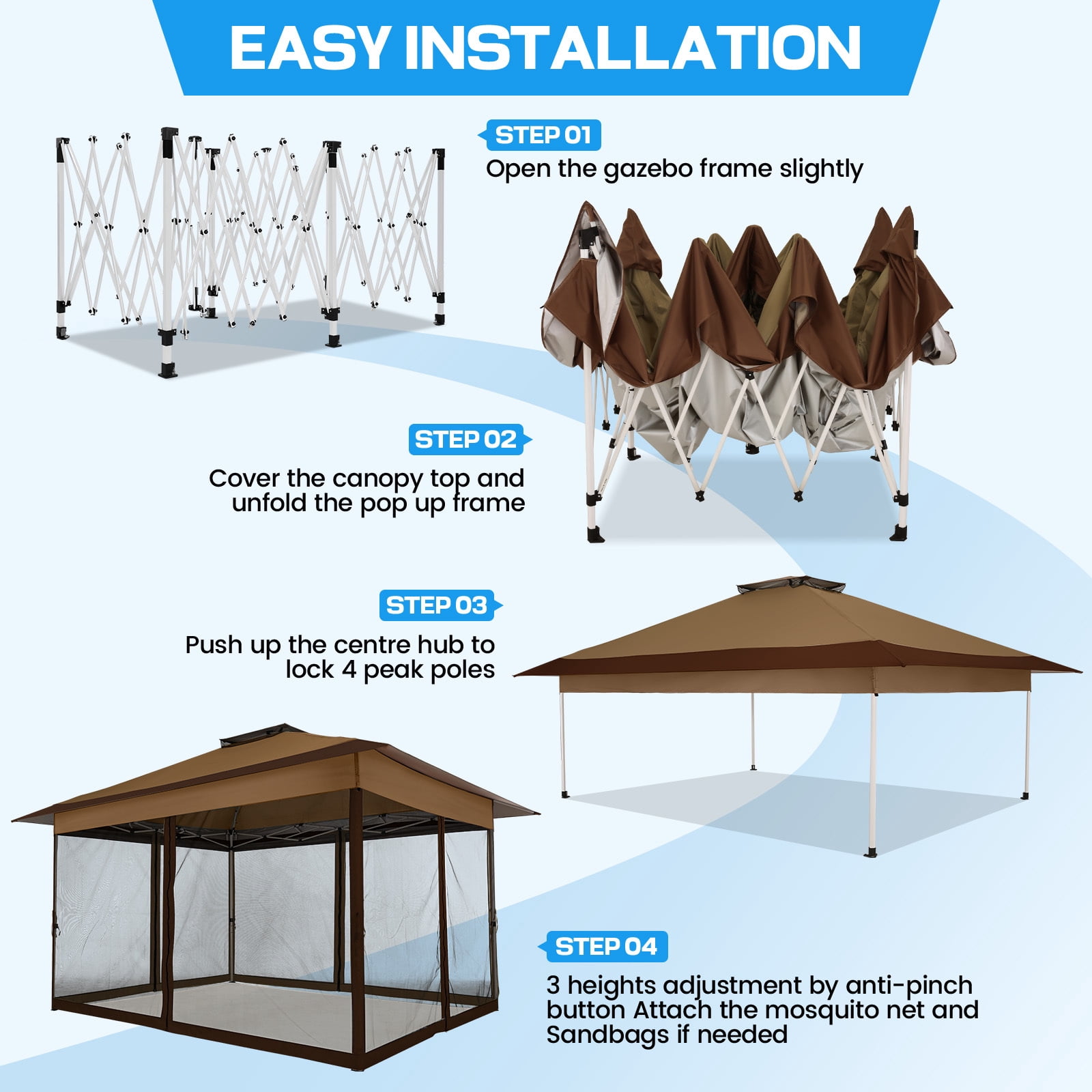 COBIZI 10x15 Pop-Up Gazebo with Mosquito Netting, Outdoor Patio Canopy Tent with 2-Tier Ventilated Roof, 3 Adjustable Heights, Provides 150 Sq Ft Shade, Brown
