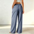 thumbnail image 6 of Fashion Striped Linen Pants for Women High Waisted Straight Leg Palazzo Trousers Casual Wide Leg Pant with Pockets, 6 of 7