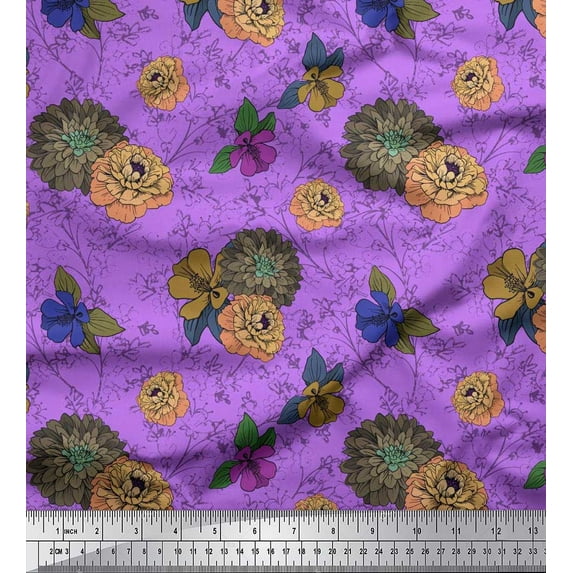 Soimoi Rayon Fabric Leaves,Dahlia & Peony Floral Print Sewing Fabric Yard 56 Inch Wide