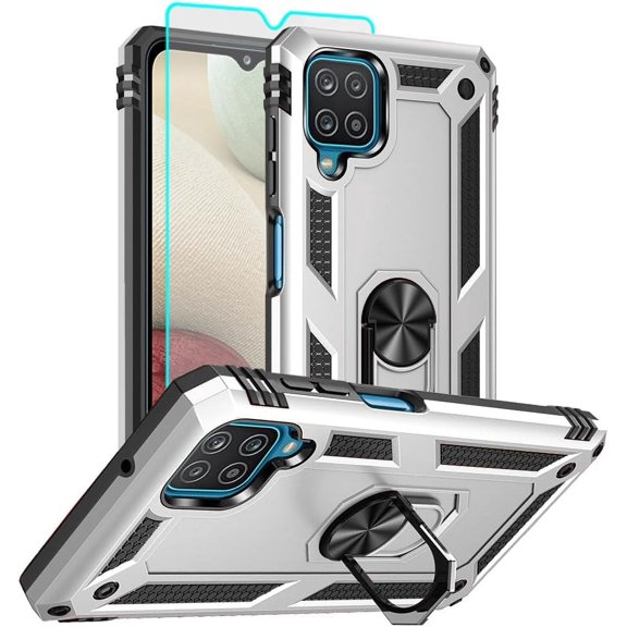 for Samsung Galaxy A12 Phone Case, Samsung A12 Case with HD Screen Protector, [Military Grade 16ft. Drop Tested] Ring Shockproof Protective Phone Case for Samsung Galaxy A12,Sliver