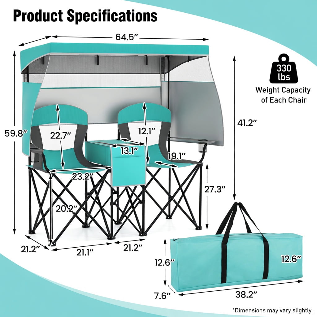 Hommoo Double Beach Chair with Adjustable UPF50+ Canopy, 3-Side Roll-Up Shade Curtains, Built-in Cooler Bag & Mesh Ventilation, Turquoise