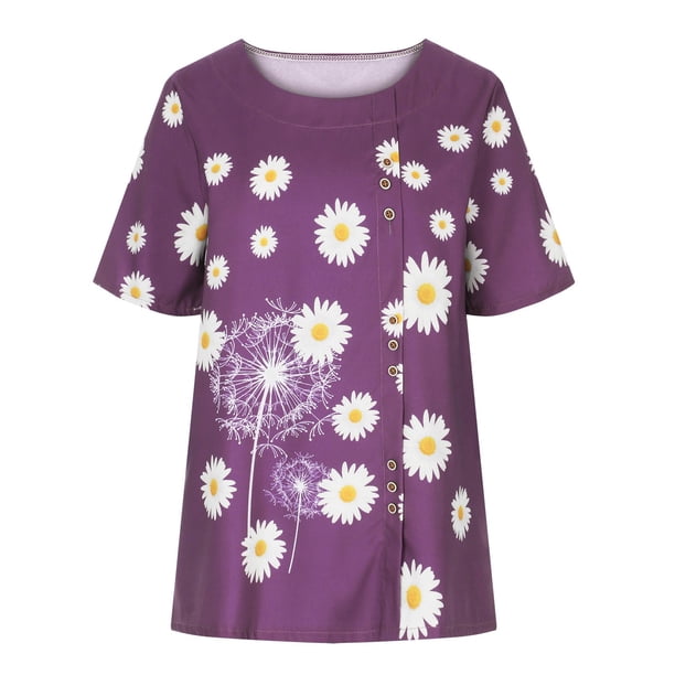 Blusa informal de cuello redondo para mujer, blusa suelta con estampado de manga corta Pompotops hfajkhk130100