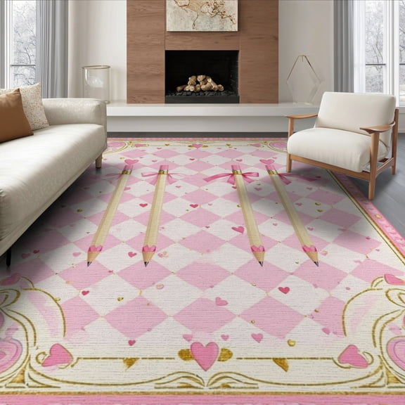 ODIKA 8'x10' Washable Area Rug Pencil Pink Coquette Vintage Kawaii Swirl Border School Classroom for King Size Bedroom Under Bed, Master Suite, Non-Shedding, Easy Care