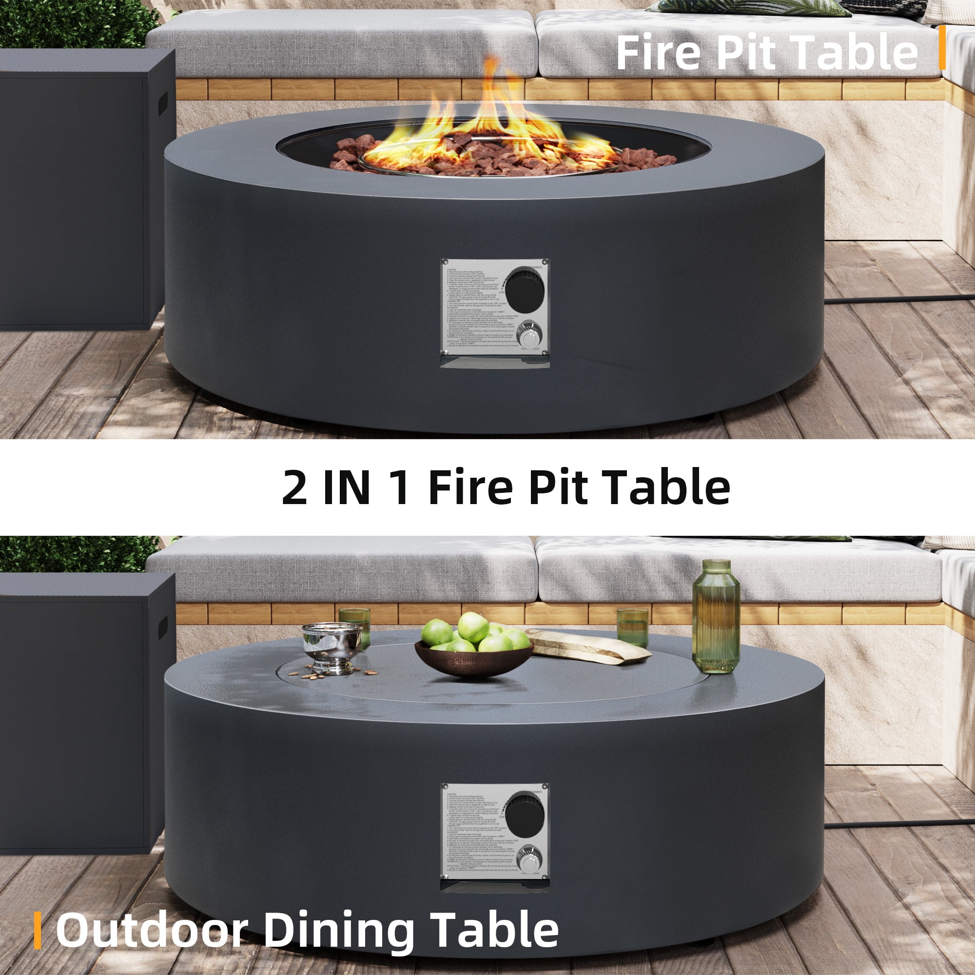 UPHA 42-inch Outdoor Propane Round Fire Pit Table 50000 BTU Iron Gas FirePit for Outside Patio with Tank Cover, Removable Lid, Lava Rocks, Rain Cover, Grey