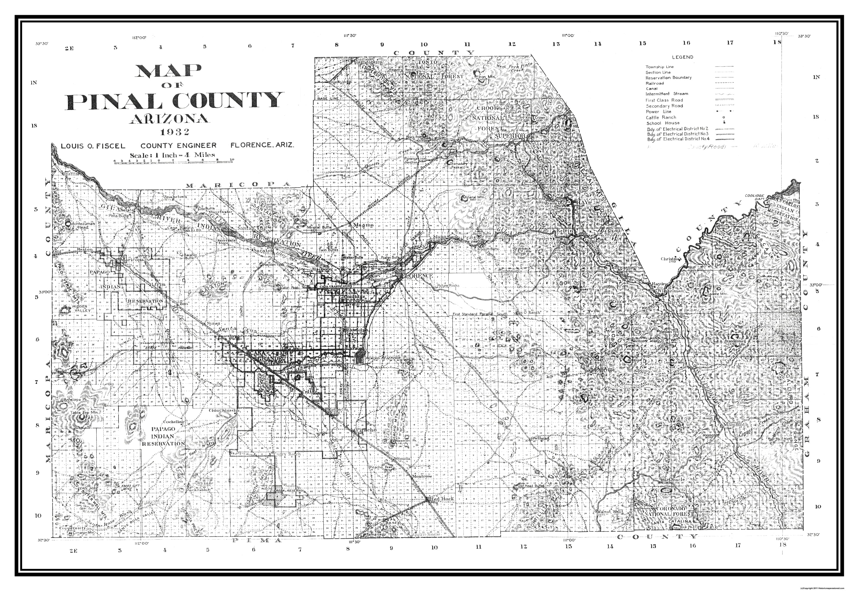 Old County Map Pinal Arizona 1932 33.44 x 23