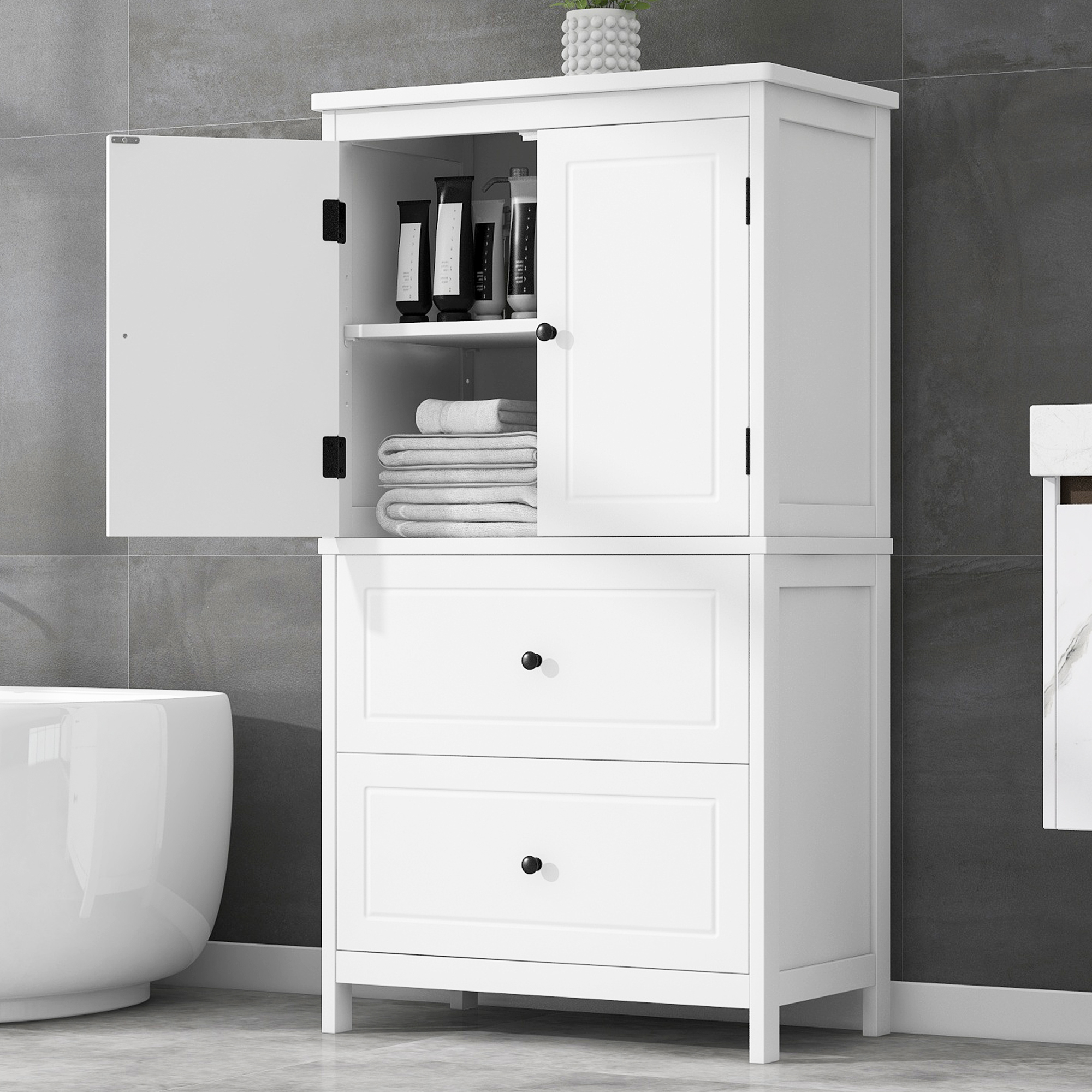 EUROCO Bathroom Floor Storage Cabinet,Bathroom Storage Unit,Freestanding Cabinet with 2 Drawers and 2 Doors,Adjustable Shelf,11.8 x 23.6 x 43.3 Inches,White