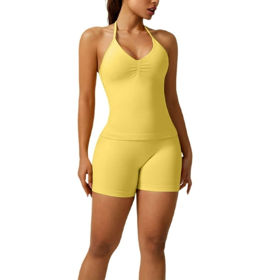Workout Sets for Women 2 Piece Seamless Sleeveless Backless Tops with High Waist Biker Shorts Gym Yoga Outfits Yellow XS