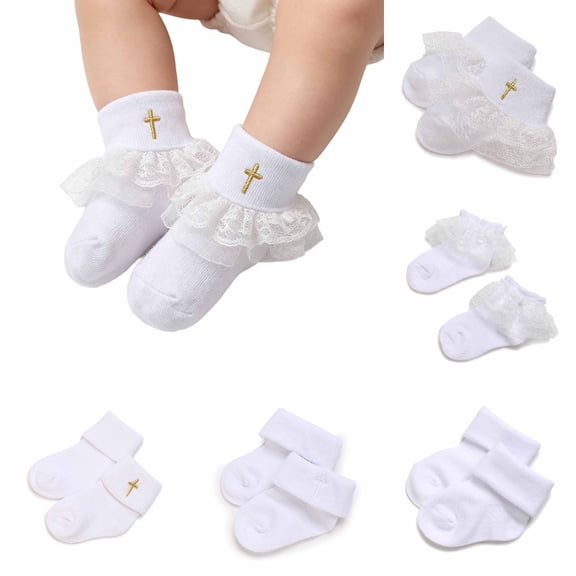 Krdevn Baby Baptism Socks White Lace Ruffle Gold Cross Embroidered Soft Breathable Ankle Socks,0-1 Years