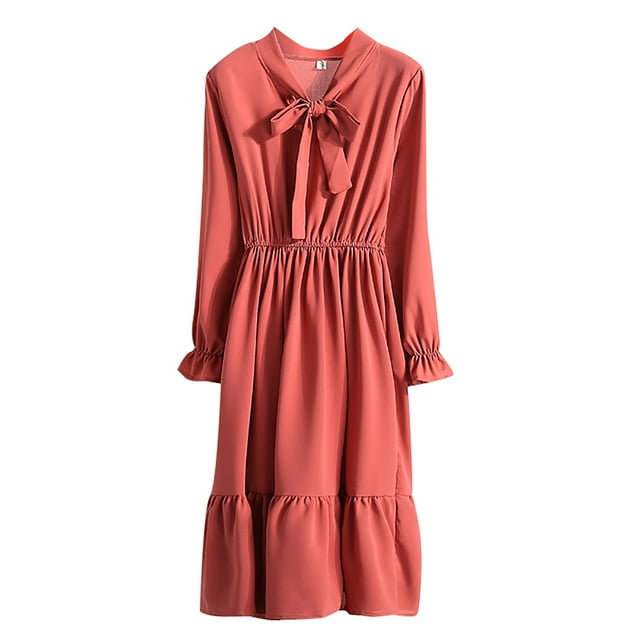 GDREDA Robe Femme Moulante à Manches Longues avec Nœud Élastique à la Taille Mi-Longue Robe Confortable