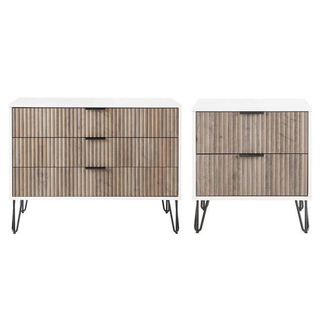 Pemberly Row Commode Standard à 3 Tiroirs en 2 Pcs et Table de Nuit 2.0 en Gris Pâle